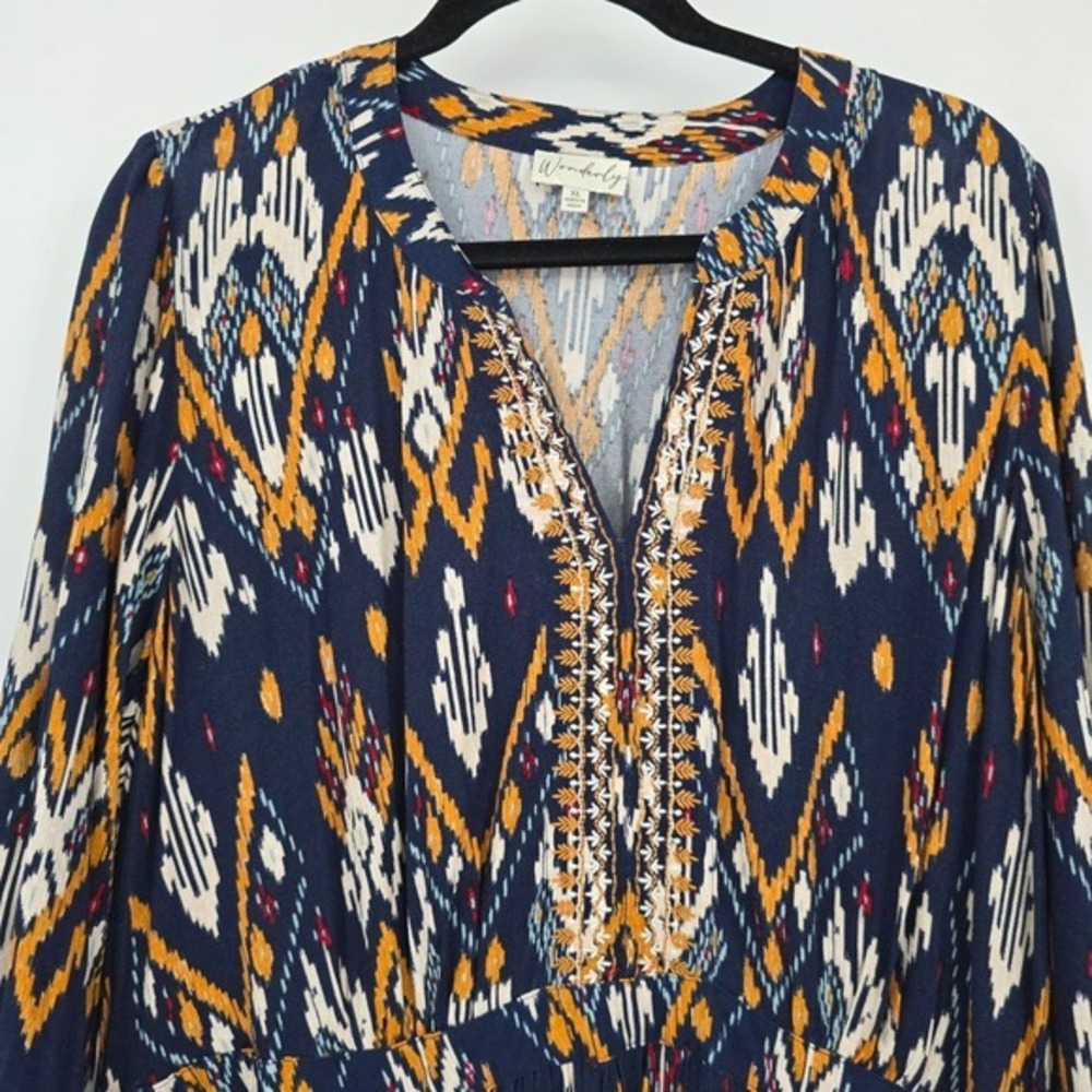 Wonderly Women's Maxi‎ Dress Geometric Print V Neck Long Sleeve Navy XL - Picture 4 of 10